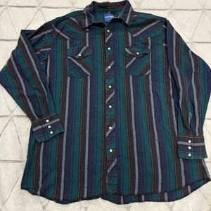 Vintage Wrangler Men's Cowboy Shirt Green Western Pearl Snap Size Large
